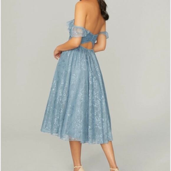 Mori Lee Madeline Gardner Women's Off Shoulder Lace Dress Size 12 Blue Bridal - Picture 7 of 16